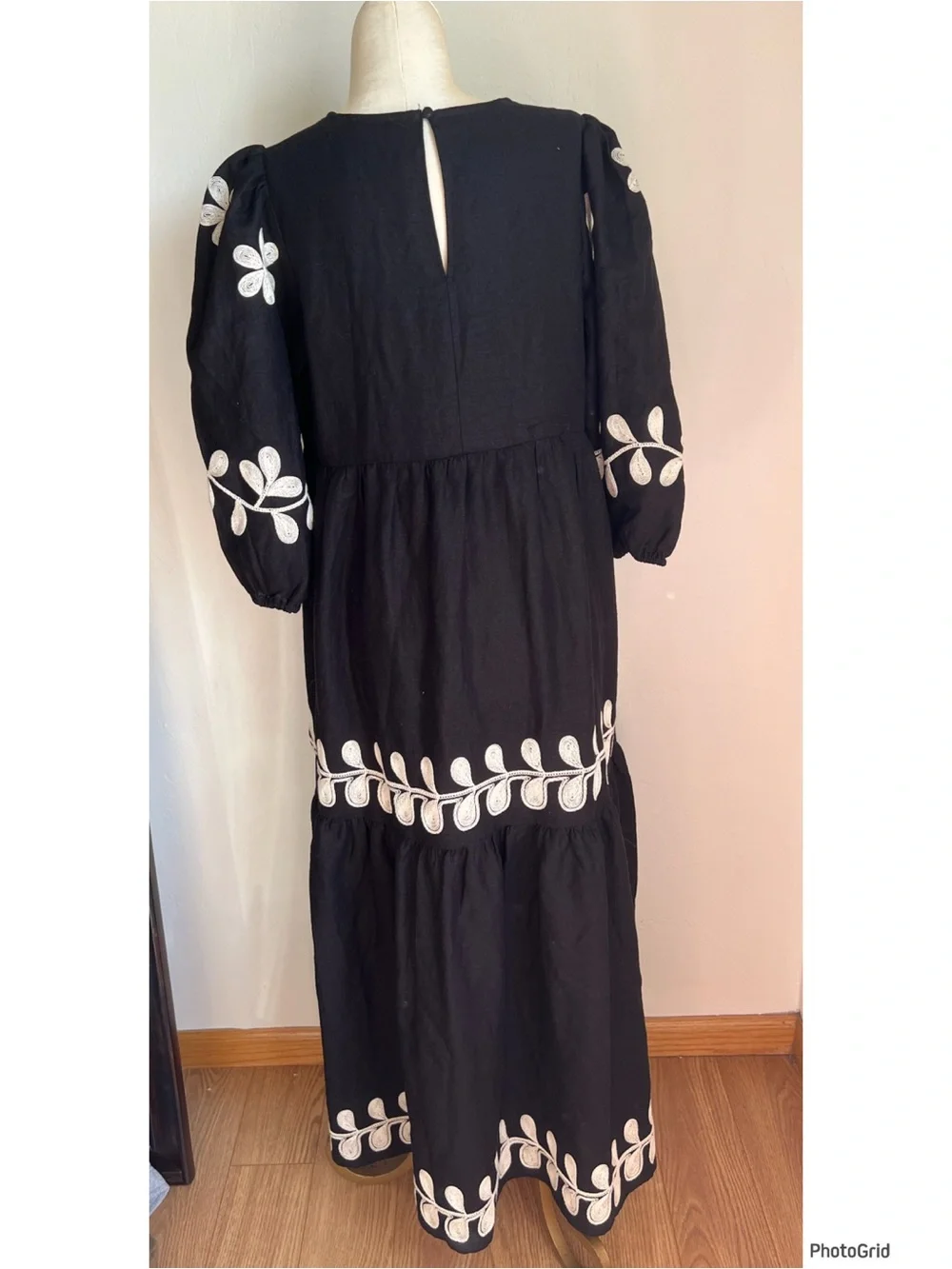 Caroline Constas Black Embroidered Puff Sleeve Maxi Dress Size 8 - Picture 3 of 3